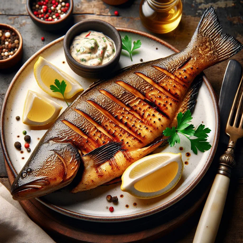 Grilled catfish fillets garnished with fresh coriander and lime