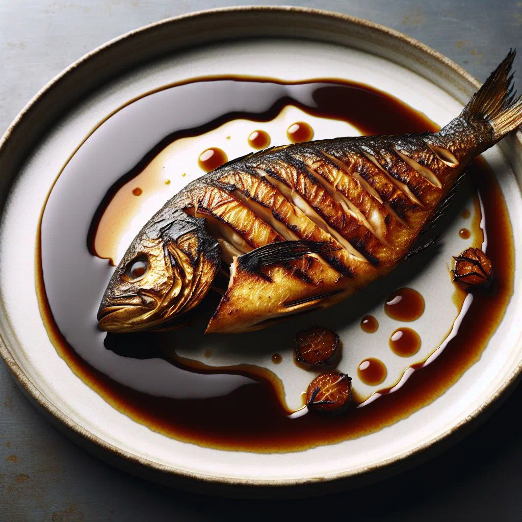 Grilled fish fillets glazed with tamarind sauce and garnished with fresh coriander and lime