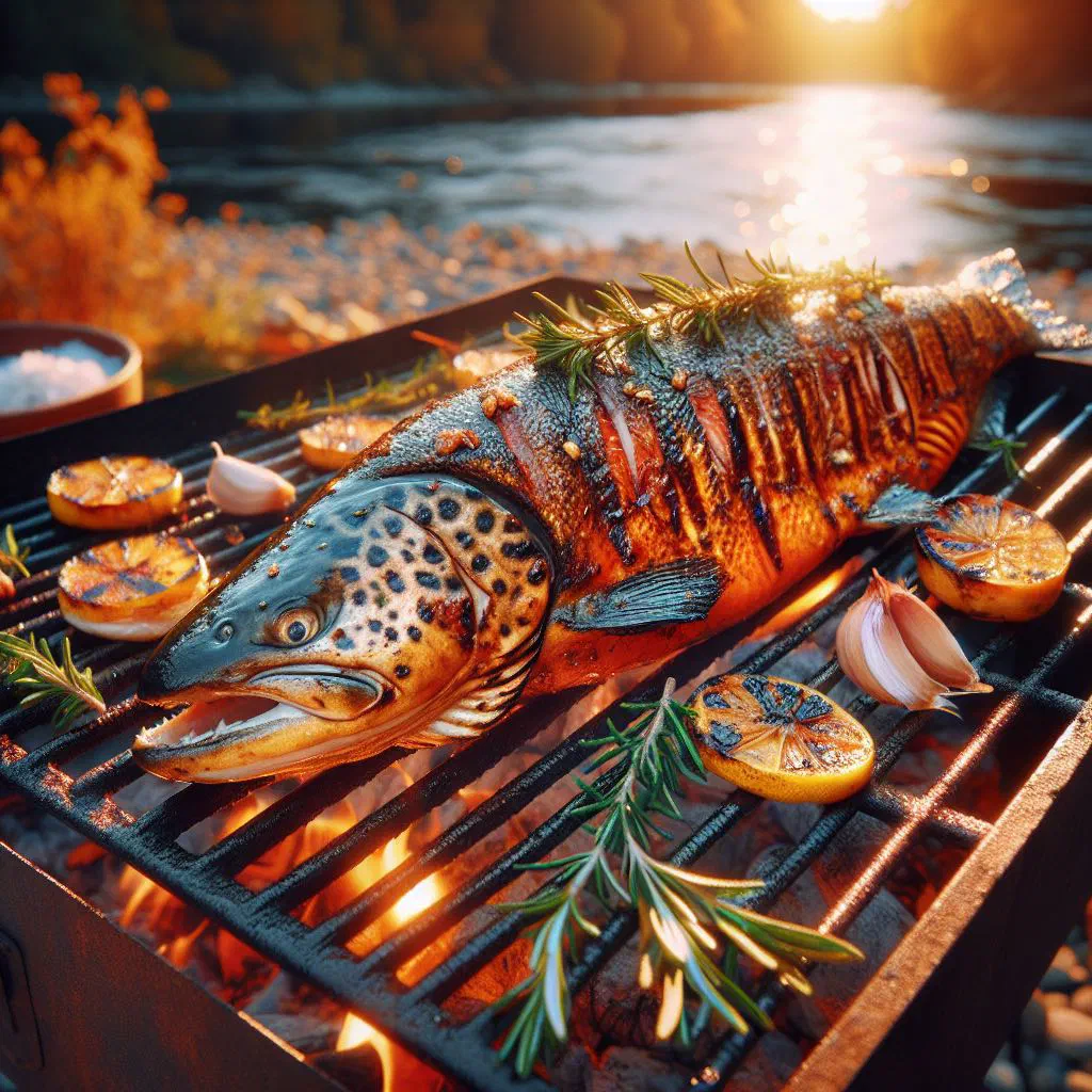 Grilled river fish on a platter with fresh coriander and lime wedges