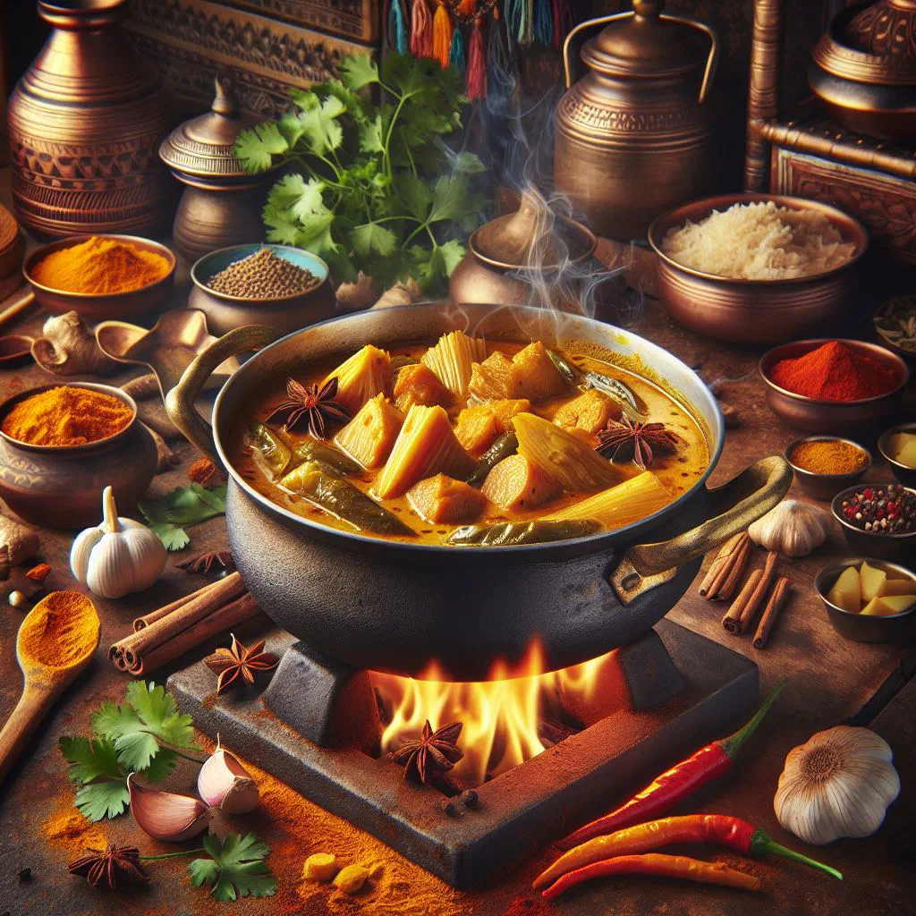 Burmese jackfruit curry in coconut sauce with red pepper and fresh coriander