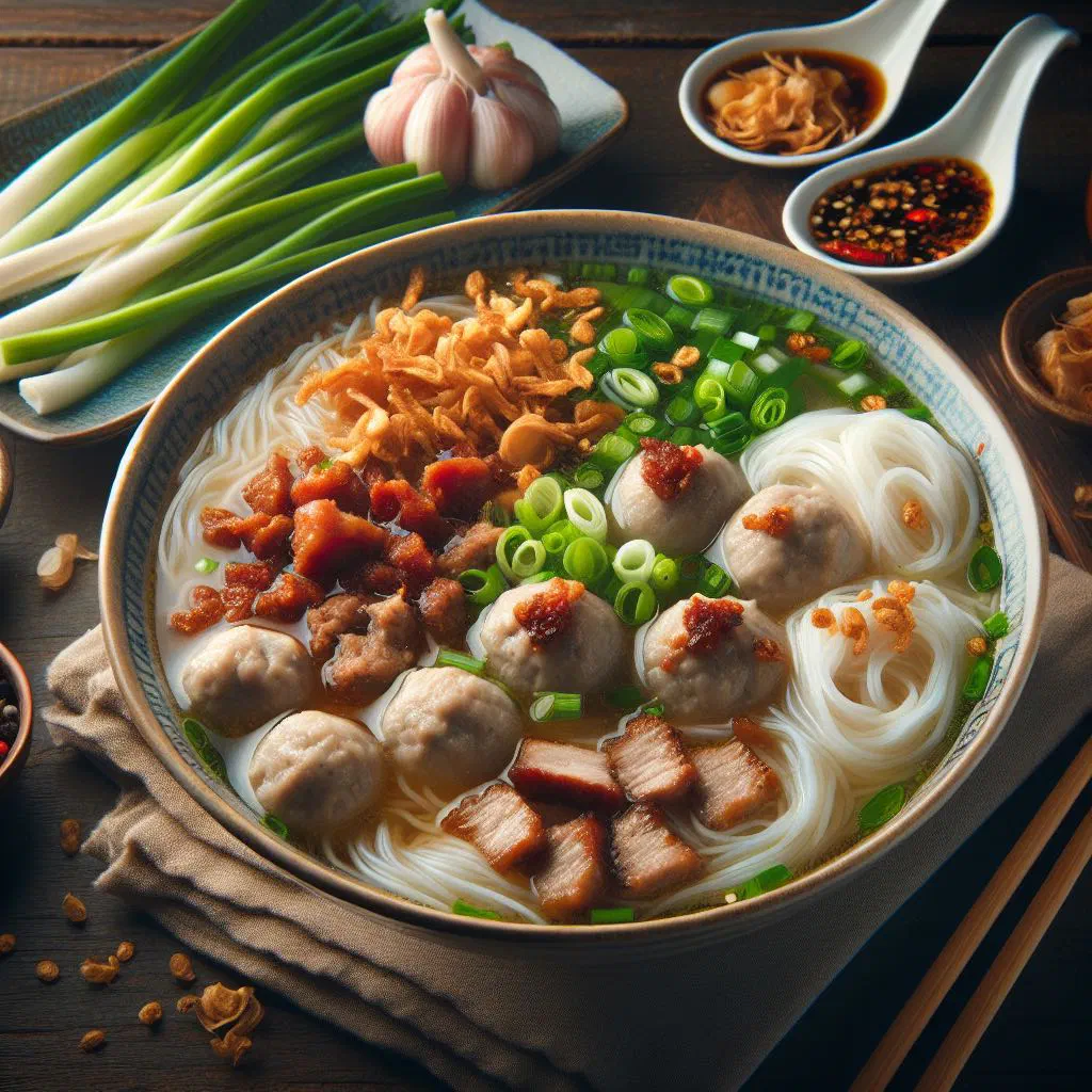 Bowl of kyay oh noodle soup with rice noodles, pork and fresh herbs