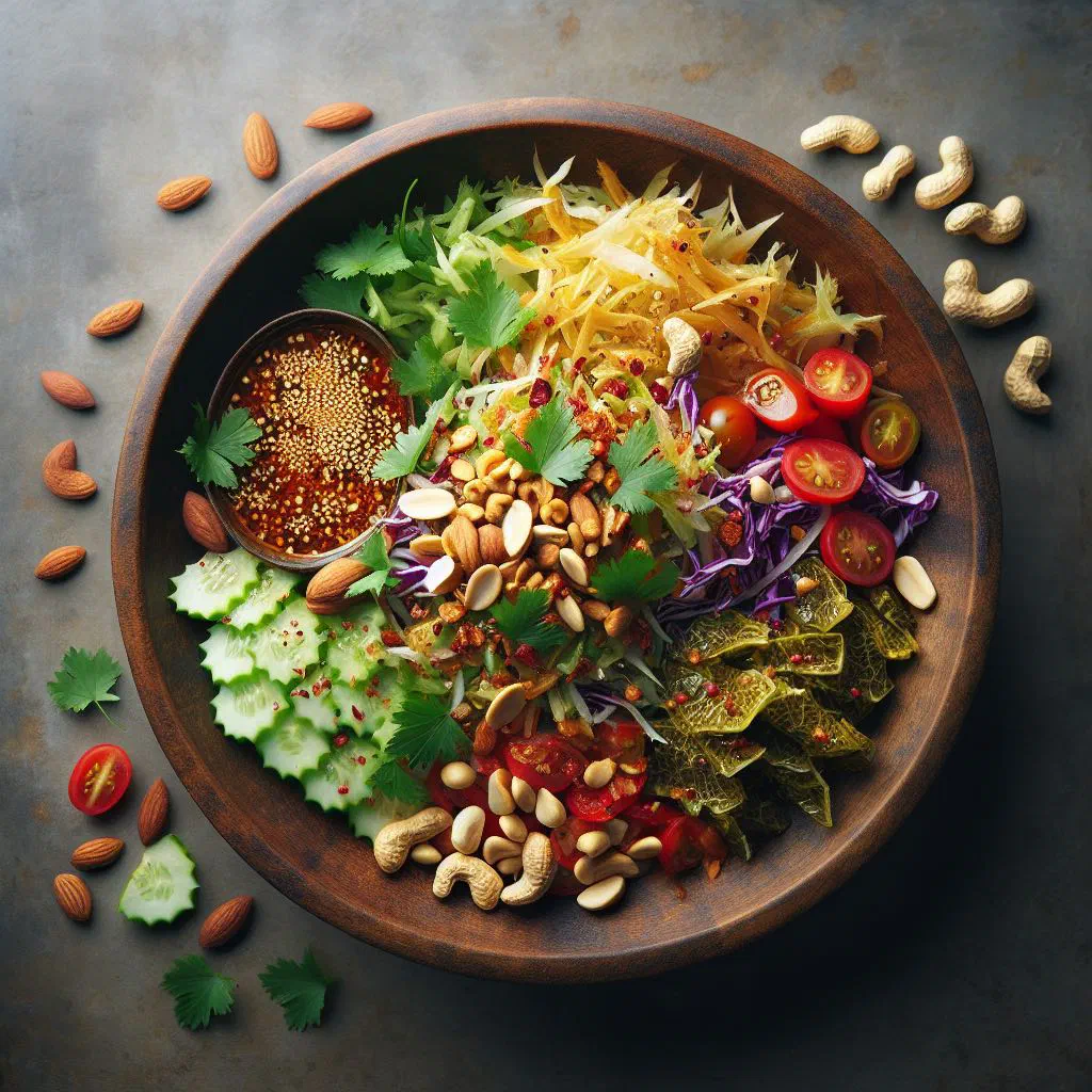 Lephet thoke tea leaf salad with peanuts, sesame seeds and tomato