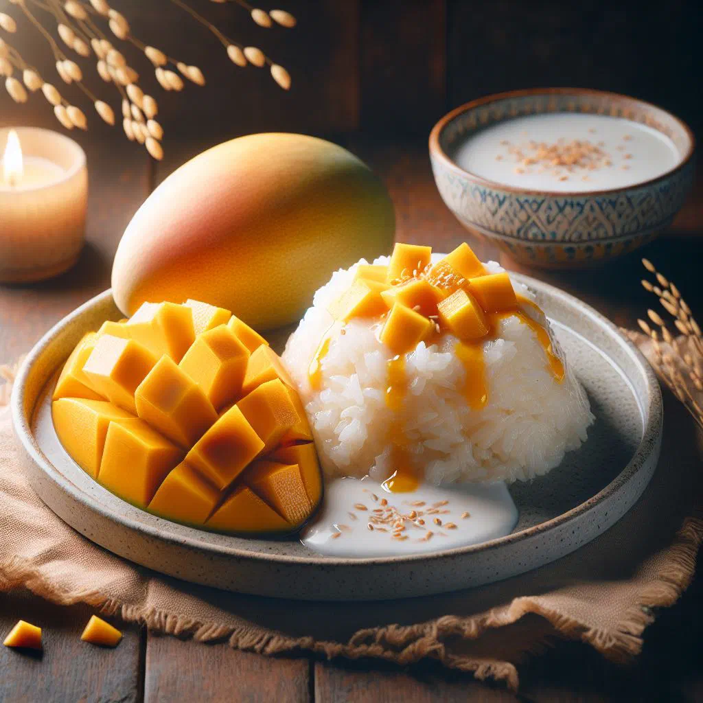 Mango sticky rice with fresh mango slices and coconut sauce
