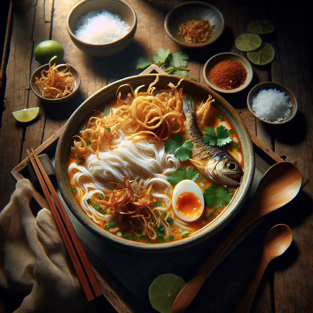 Bowl of mohinga fish noodle soup with coriander, egg slices and lime