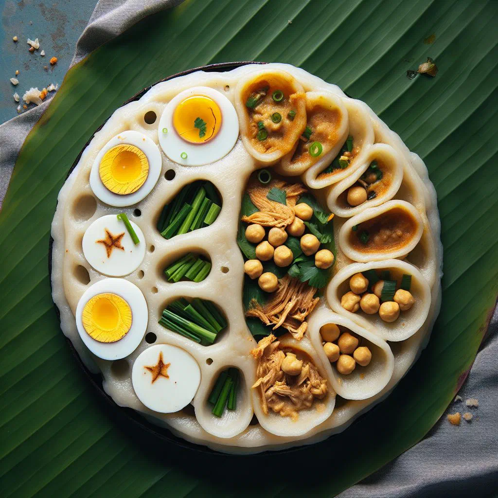 Small steamed Burmese rice cakes topped with fresh herbs and a spicy dipping sauce