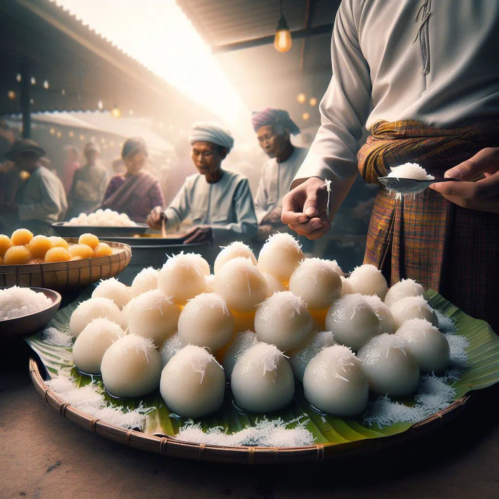 Steamed Burmese rice flour balls rolled in shredded coconut on a plate