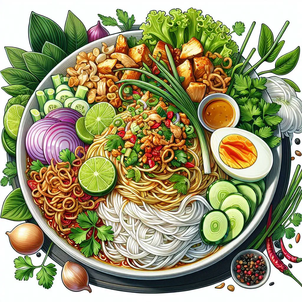 Nan gyi thoke rice noodle salad with chicken, fresh vegetables and coriander