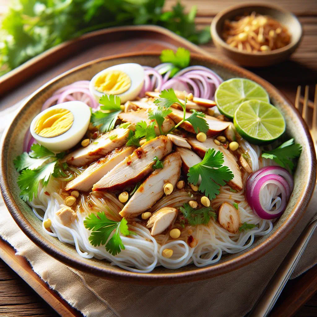 Nangyi thoke rice noodle salad with peanut sauce, carrot and fresh coriander