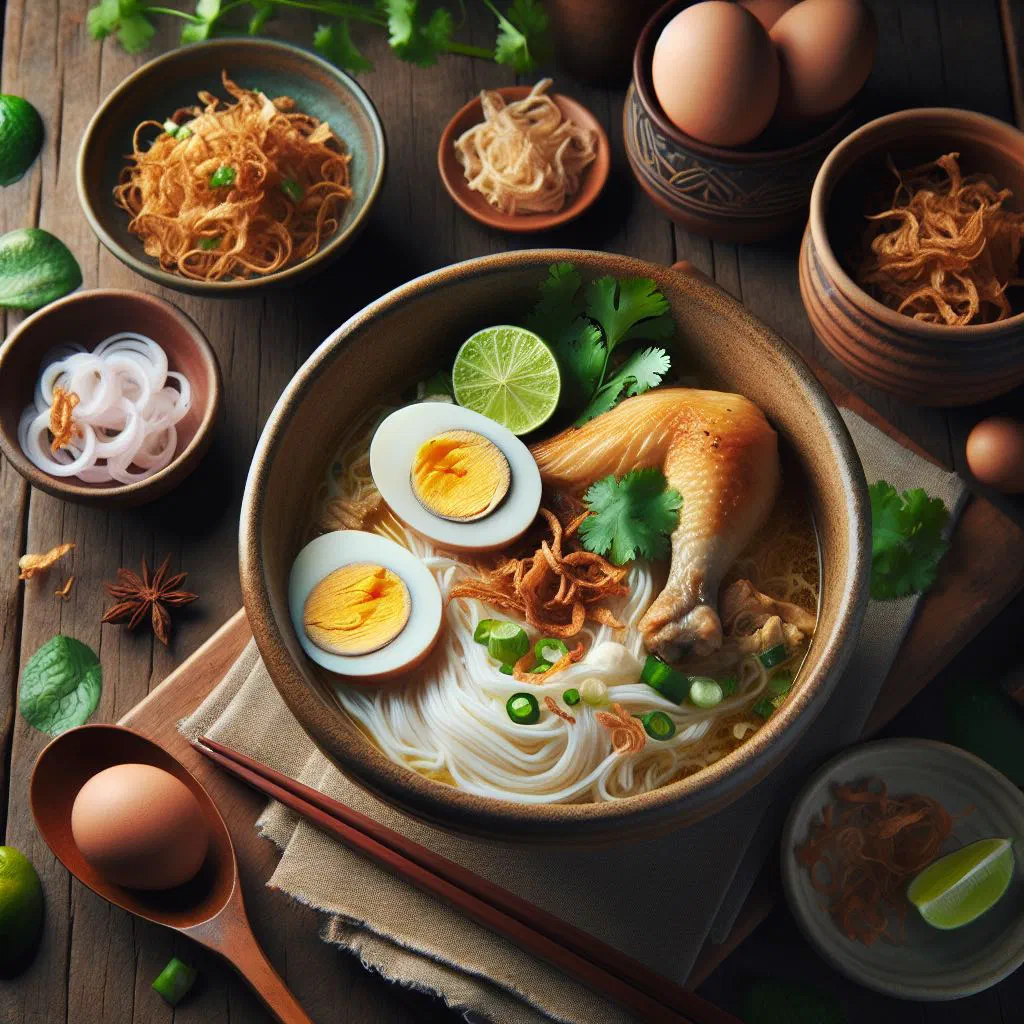 Bowl of creamy coconut noodle soup with chicken, coriander and lime wedges