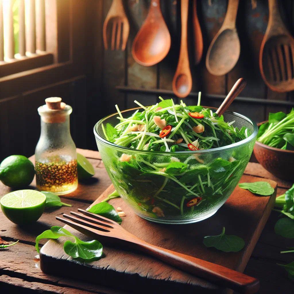 Fresh pennywort salad with herbs, lime dressing and roasted peanuts
