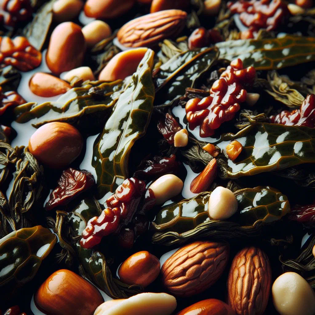 Pickled tea leaves with roasted peanuts, sesame and chilli in a serving bowl