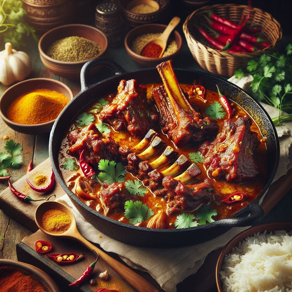 Burmese pork rib curry in coconut sauce garnished with fresh coriander