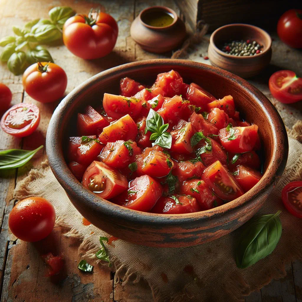 Pounded tomato salad with onions, chillies and fresh coriander in a bowl