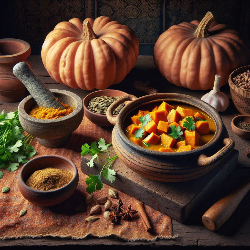 Golden pumpkin curry in coconut milk, garnished with fresh herbs