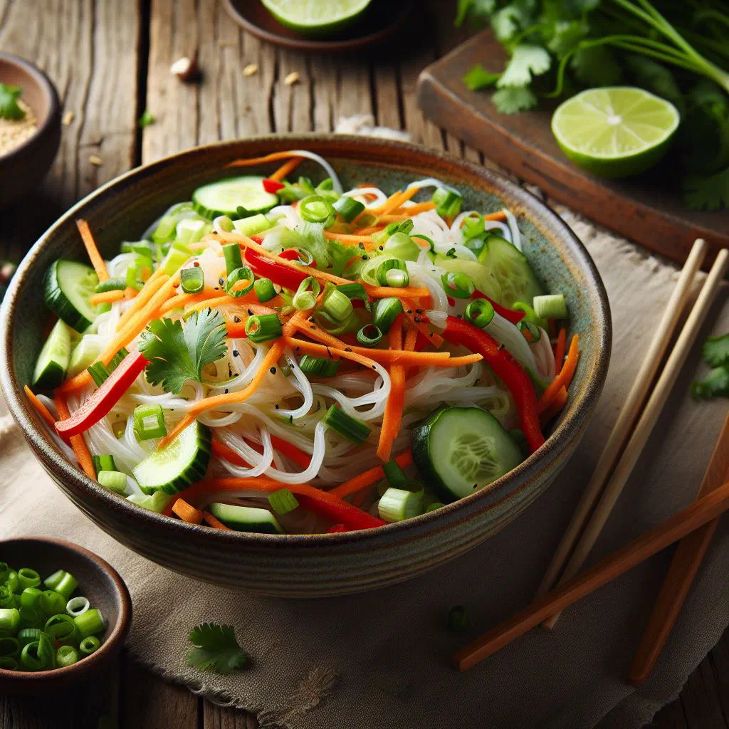 Rice noodle salad with carrot, cucumber and fresh coriander in a bowl