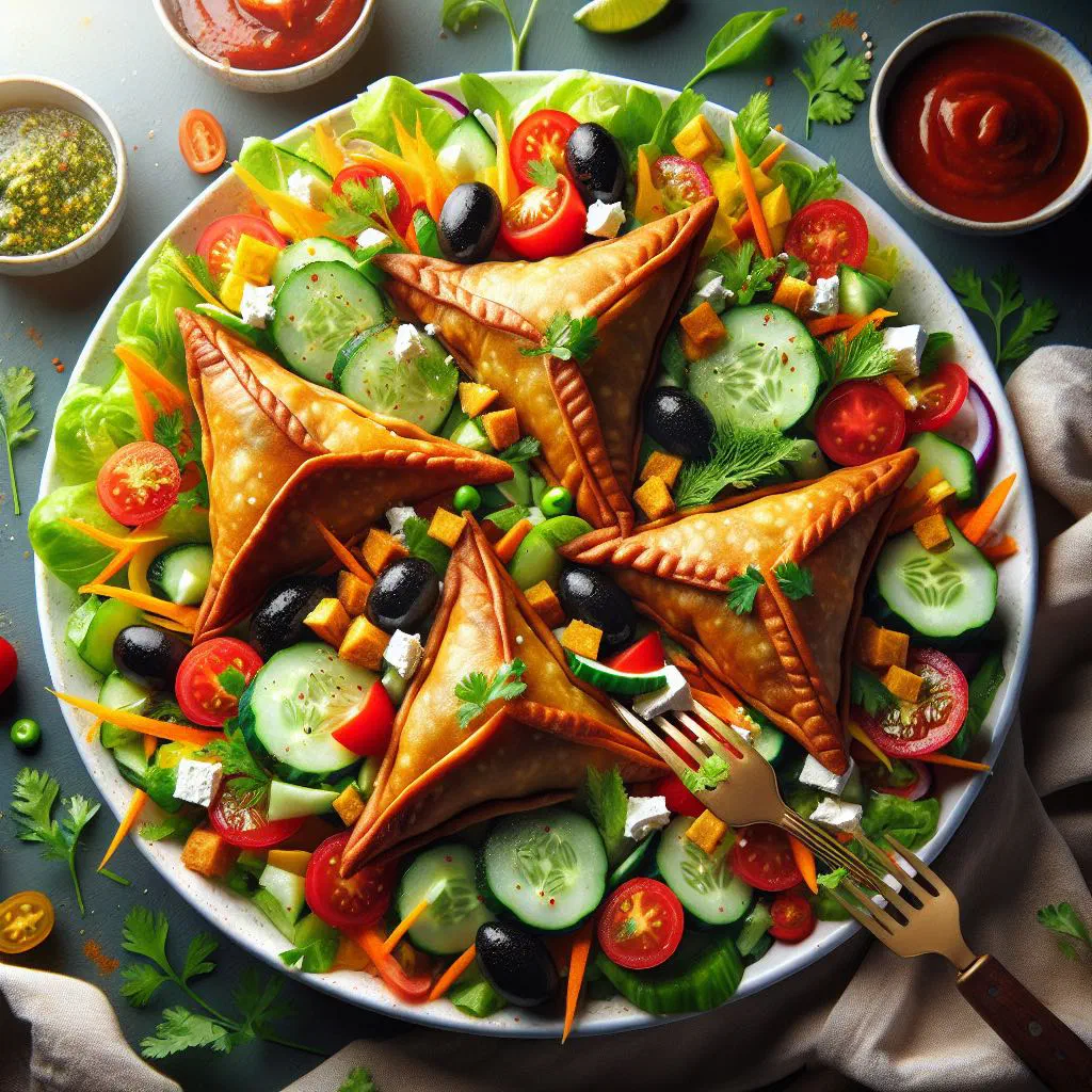 Samosa salad with crispy samosas, chickpeas and fresh green leaves