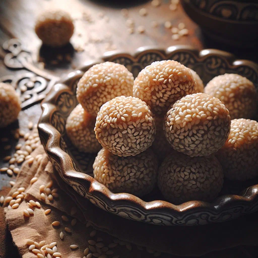 Golden sesame rice balls coated in toasted sesame seeds on a plate