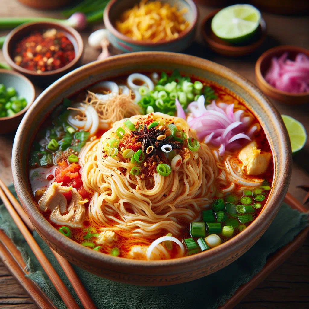 Bowl of Shan khao swe rice noodles in broth with chicken and fresh herbs