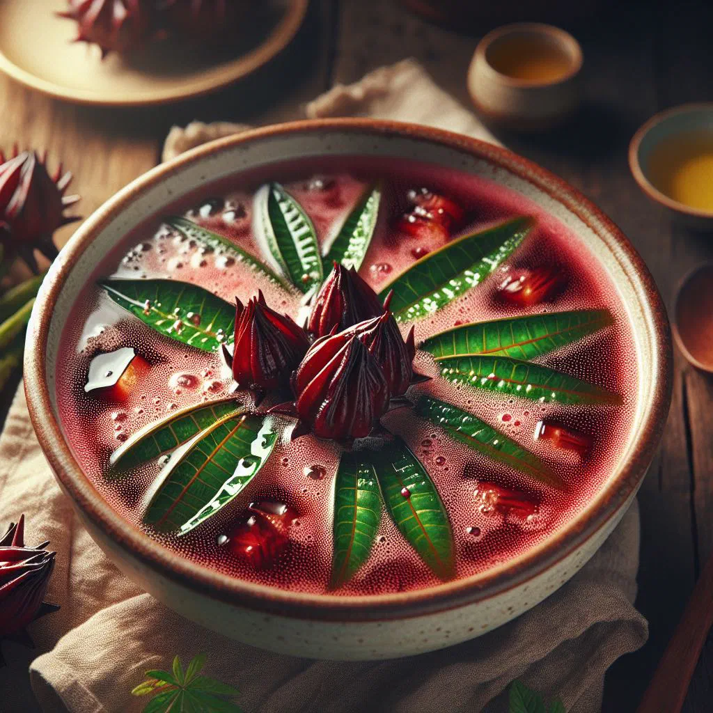 Bowl of Burmese sour soup with roselle leaves, tomato and fresh coriander