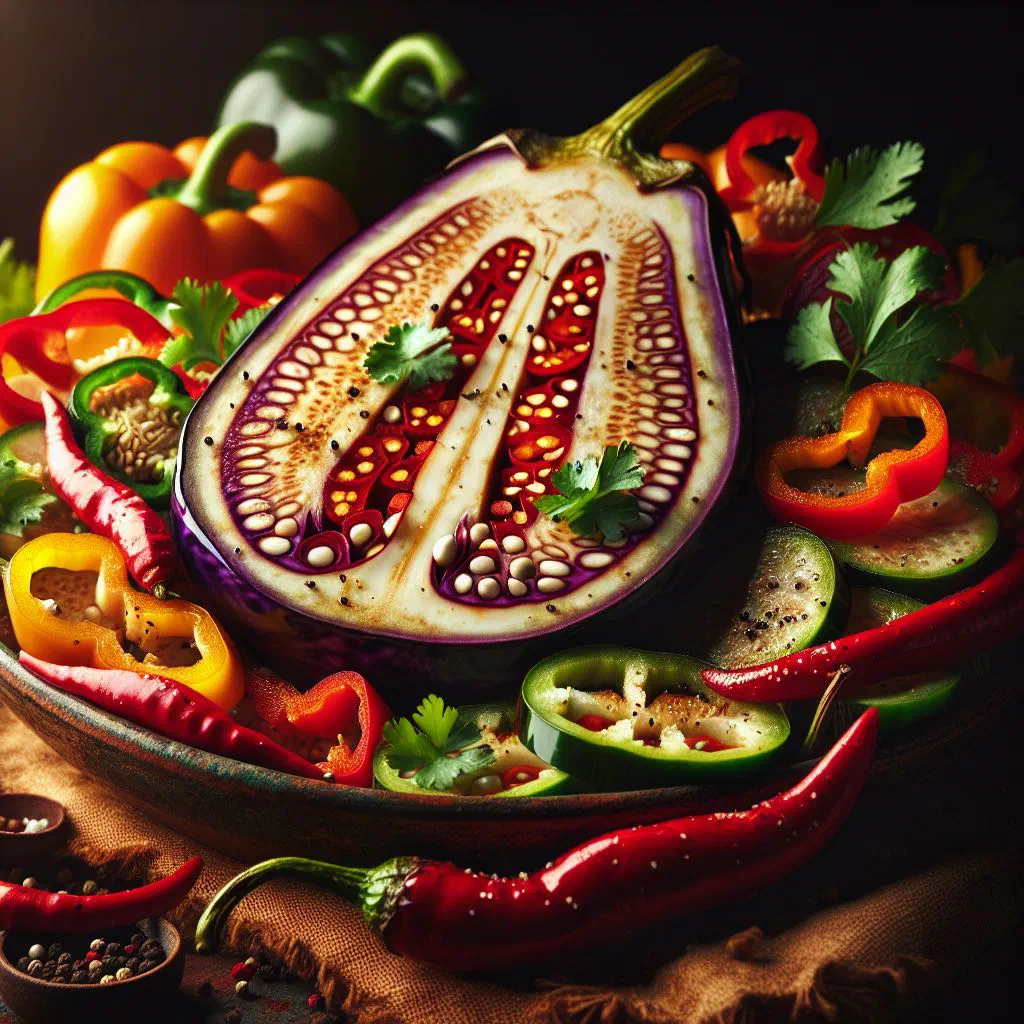 Smoky roasted aubergine salad with fresh coriander, chilli and peanuts