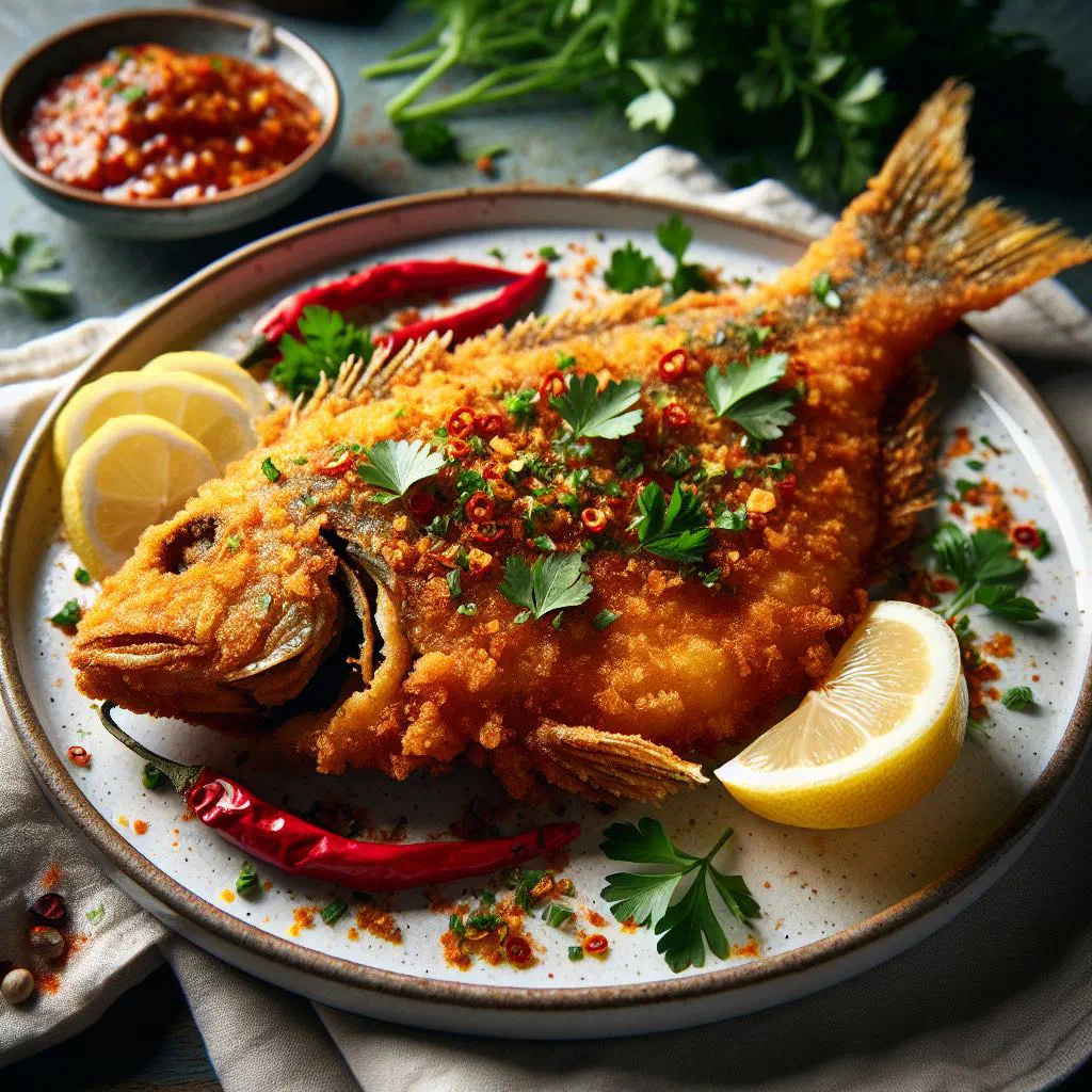 Golden fried fish fillets with green chillies, lime and fresh coriander