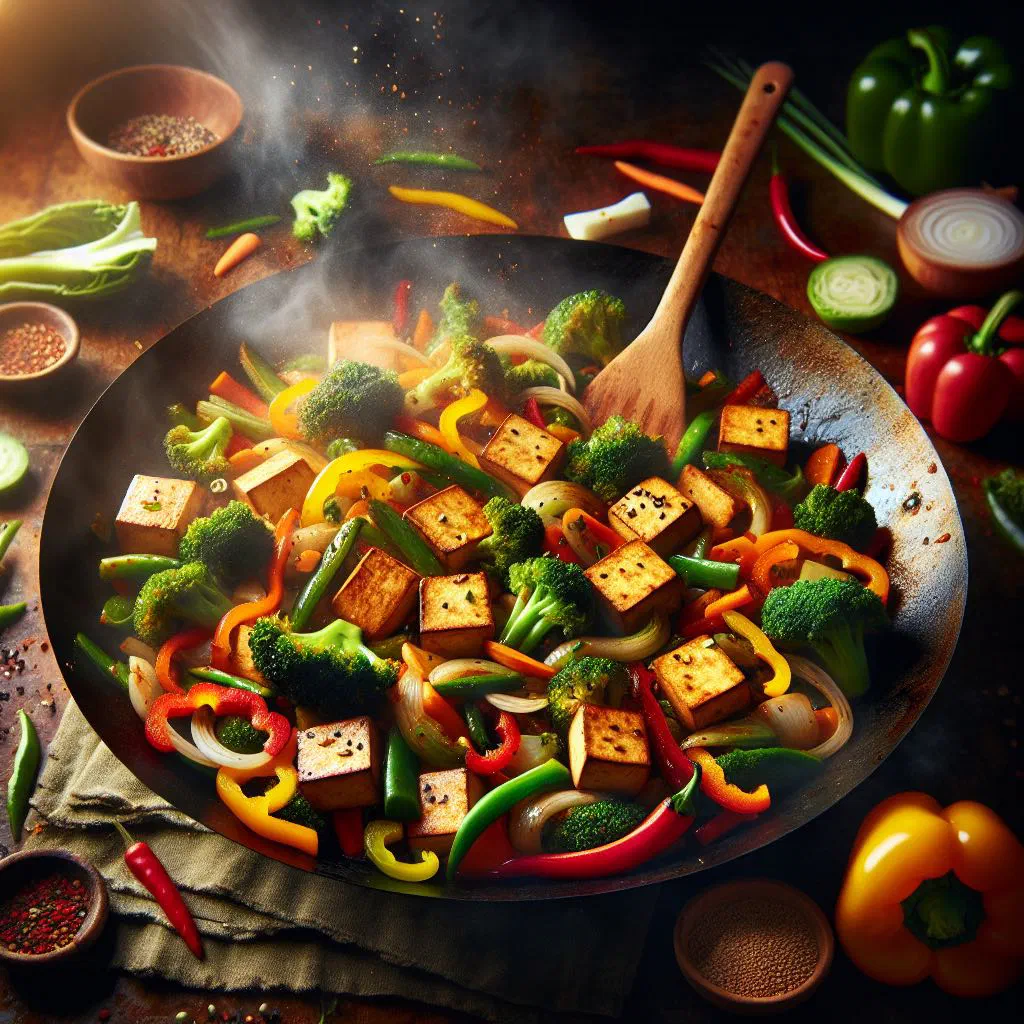Spicy vegetable stir-fry with broccoli, peppers and carrots in a wok