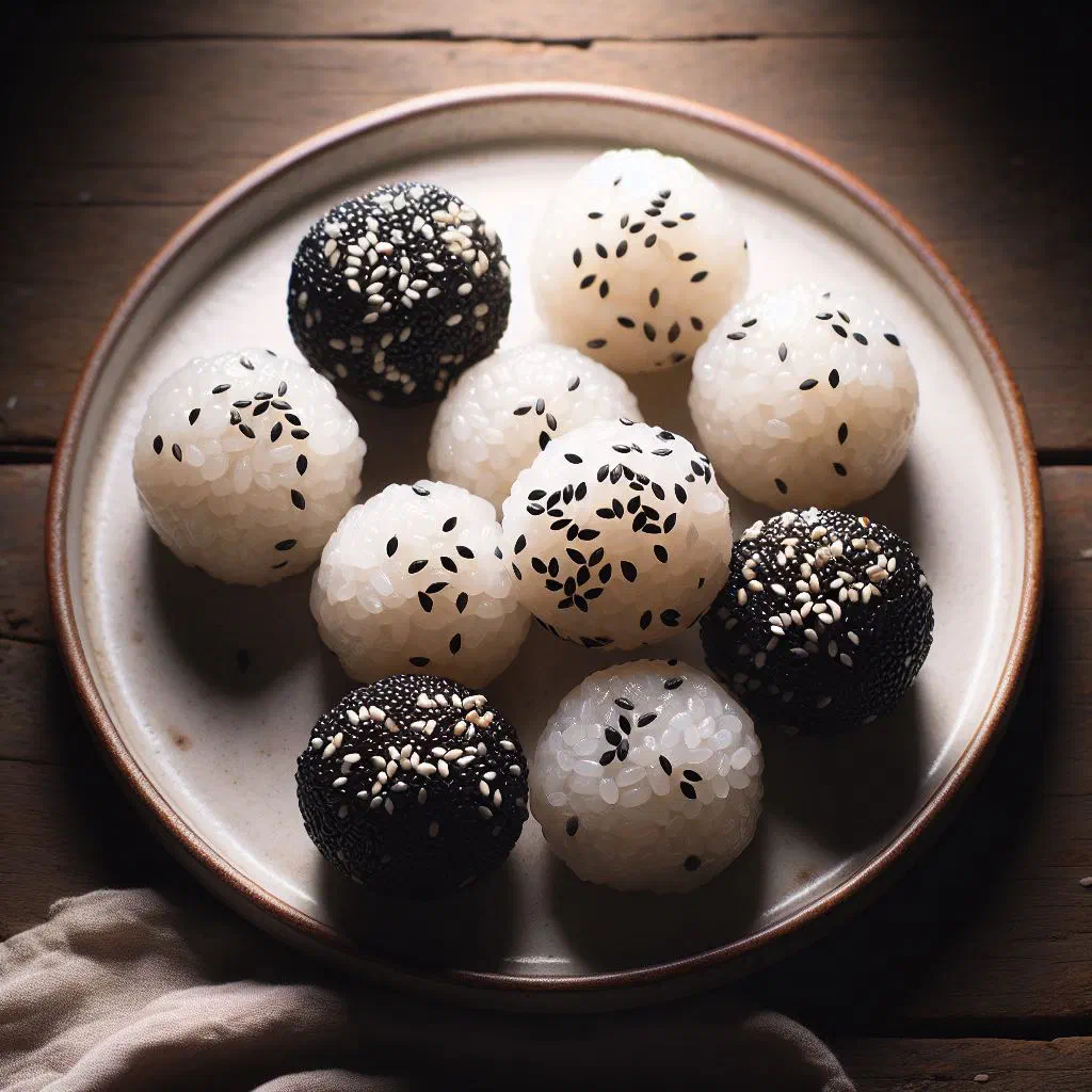 Sticky rice balls rolled in toasted sesame seeds on a plate