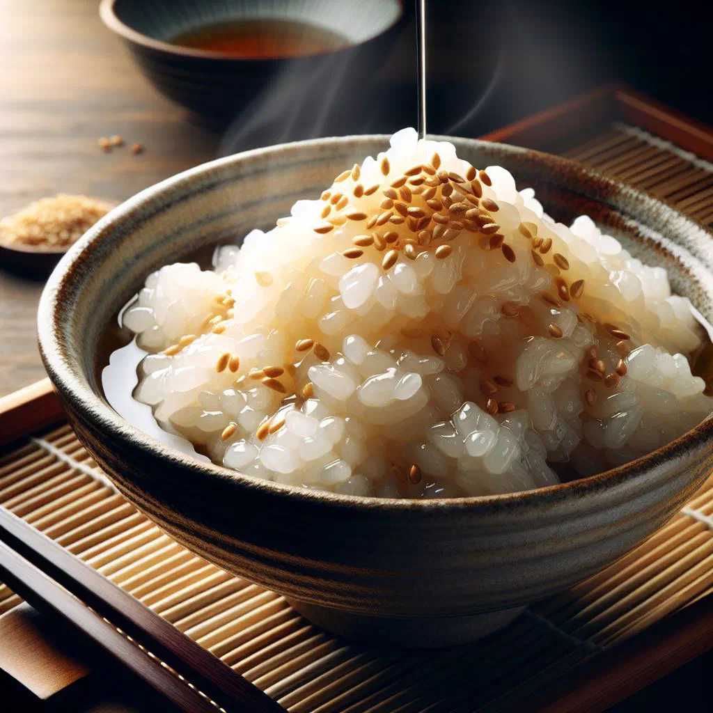 Sweet sticky rice with coconut milk and toasted sesame seeds in a bowl