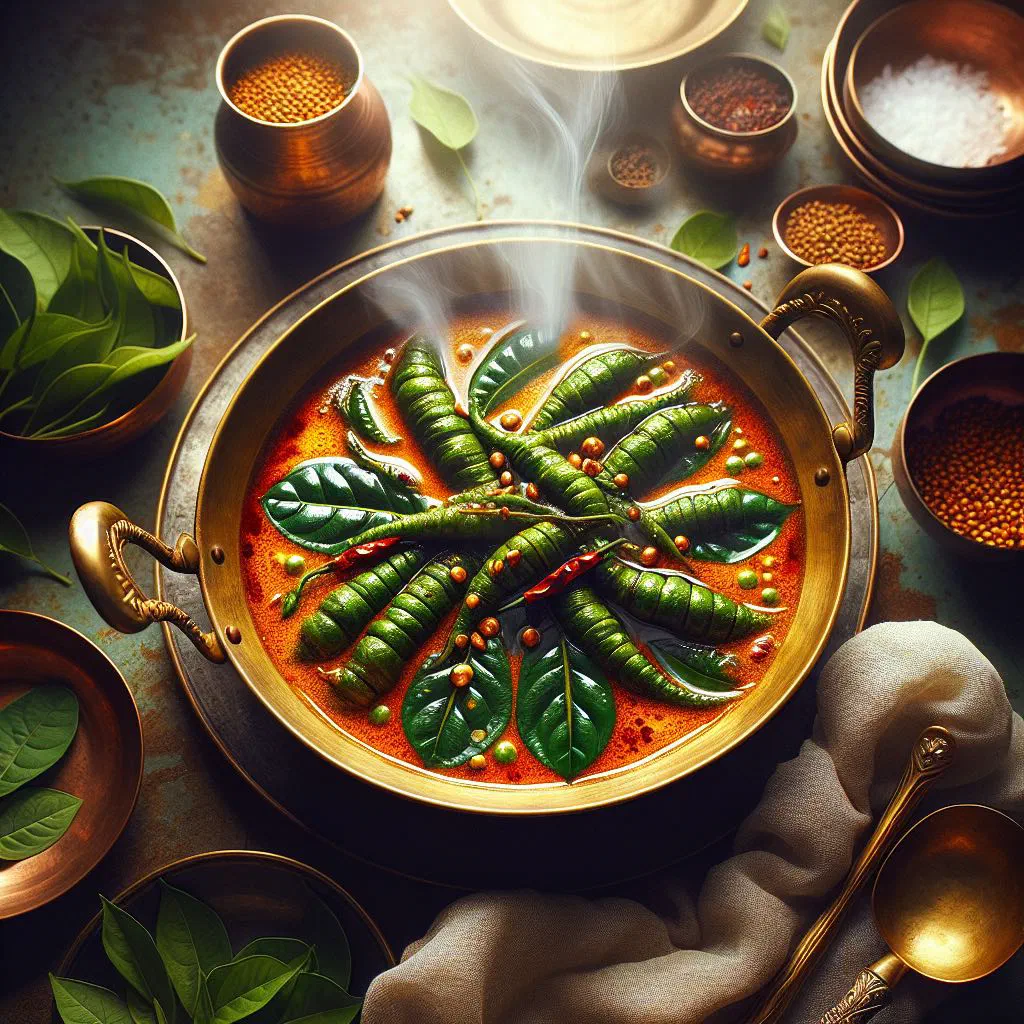 Tamarind leaf curry in a bowl with carrots and fresh herbs