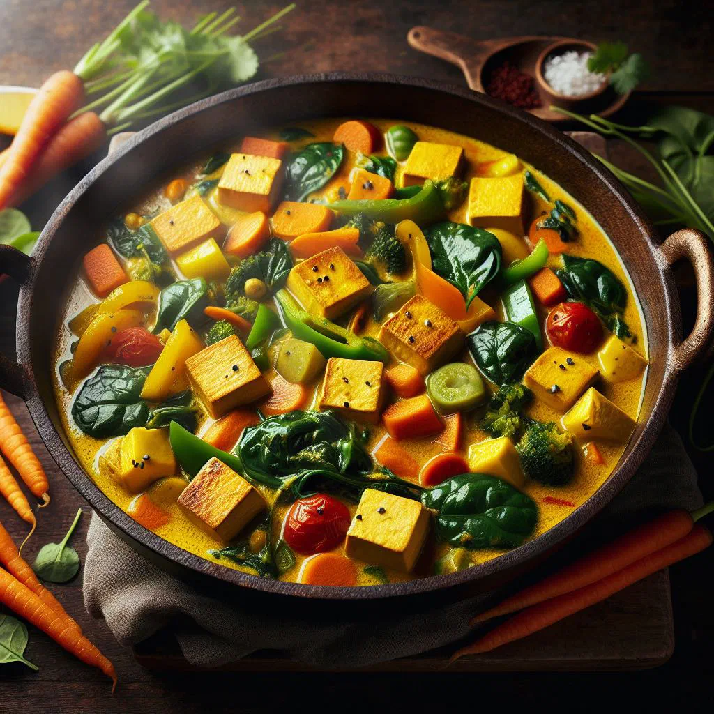 Tofu and vegetable curry in coconut milk, garnished with fresh coriander
