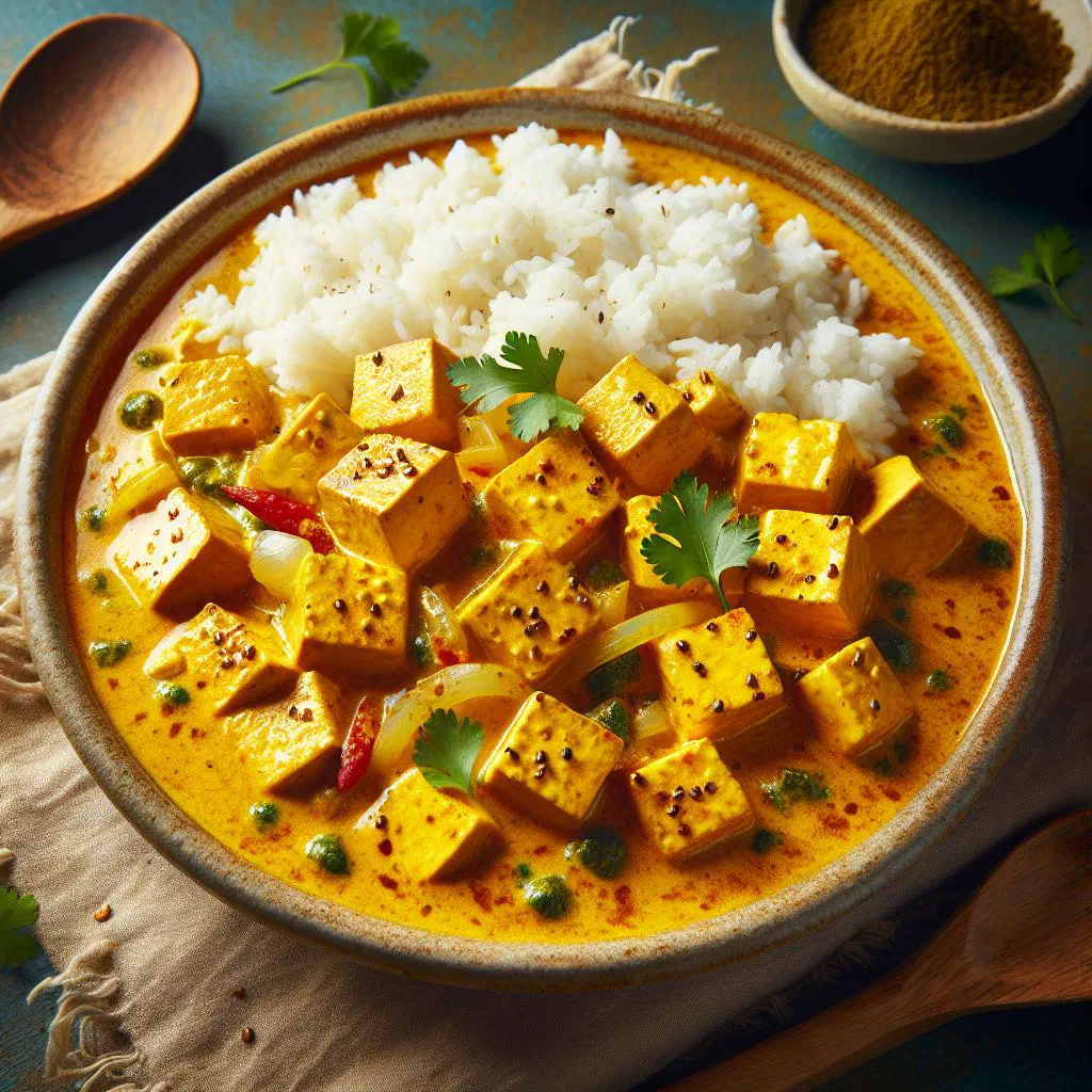 Myanmar tofu curry with vegetables in coconut sauce, garnished with fresh coriander