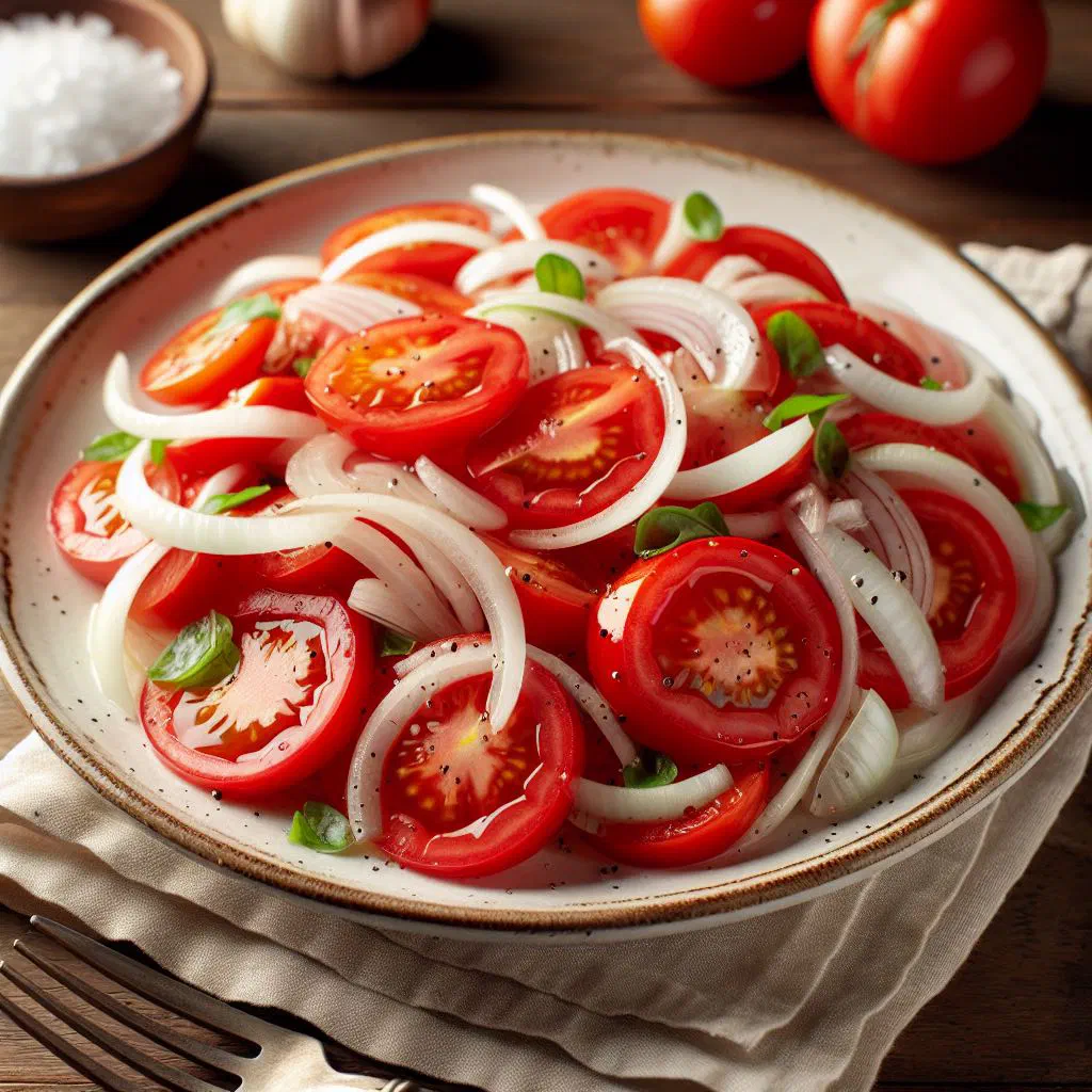 Fresh tomato and onion salad with coriander in a serving bowl