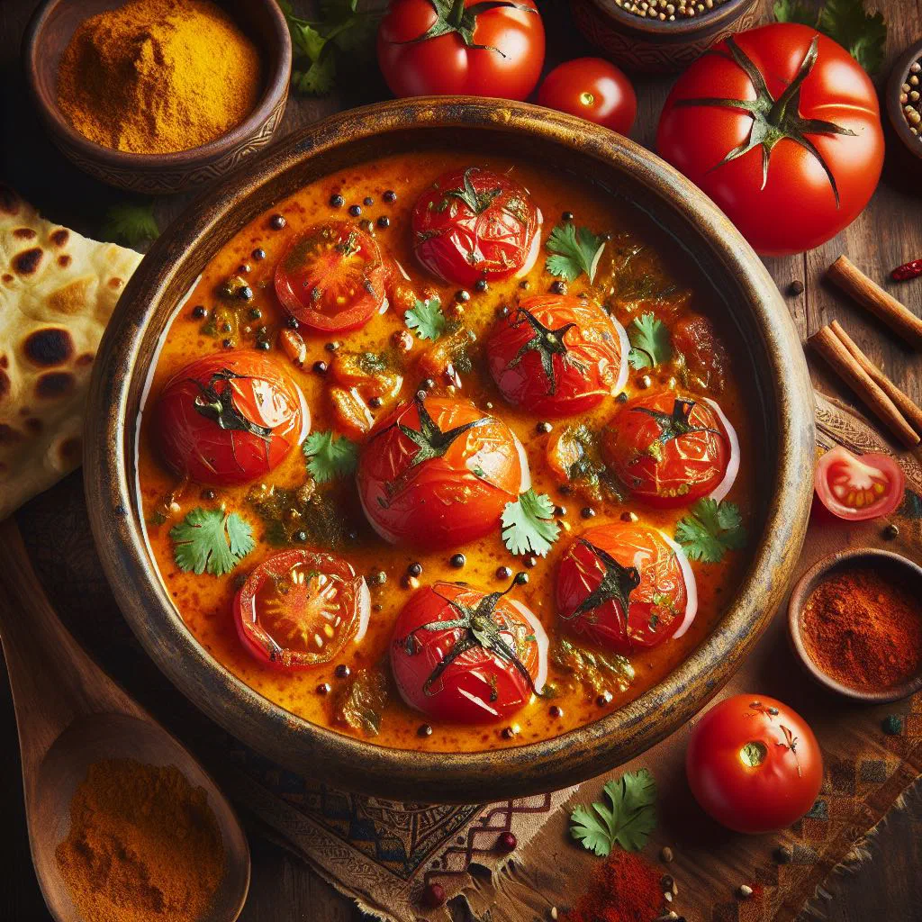 Burmese tomato curry in a bowl, garnished with fresh coriander