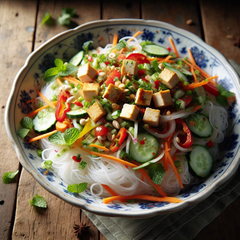 Vermicelli salad with rice noodles, crunchy vegetables, coriander and chopped peanuts