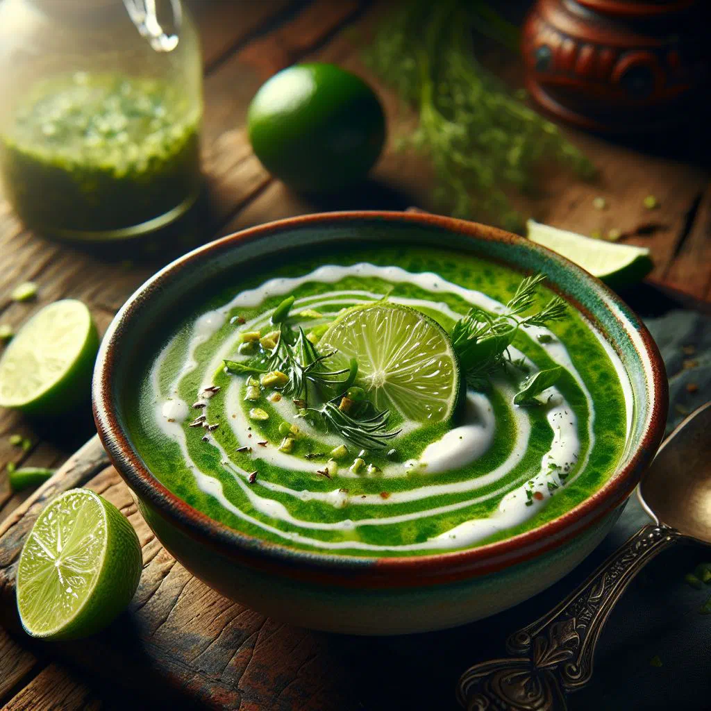 Bowl of zesty lime soup garnished with fresh coriander and lime slices
