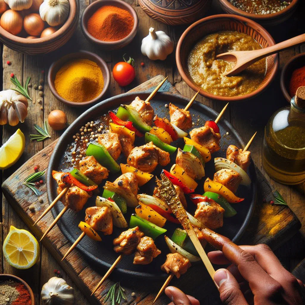 Grilled chicken skewers with peppers and courgette on a wooden board