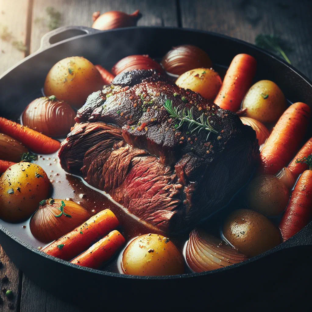 Namibian beef pot roast with carrots and fresh herbs in a cast-iron pot