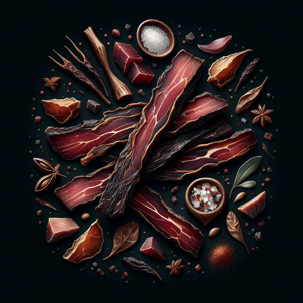 Sliced air-dried biltong strips on a rustic wooden board