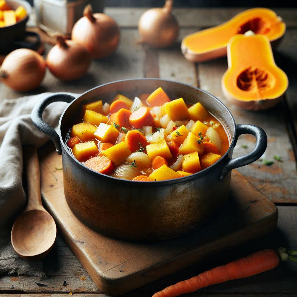 Creamy butternut squash stew in a bowl garnished with fresh herbs