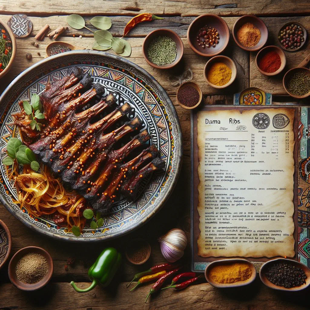 Glazed Dama ribs resting on a wooden board with lime wedges and herbs