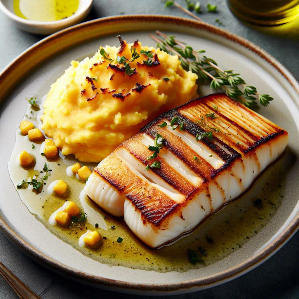 Grilled cod fillets served with creamy maize porridge and fresh herbs