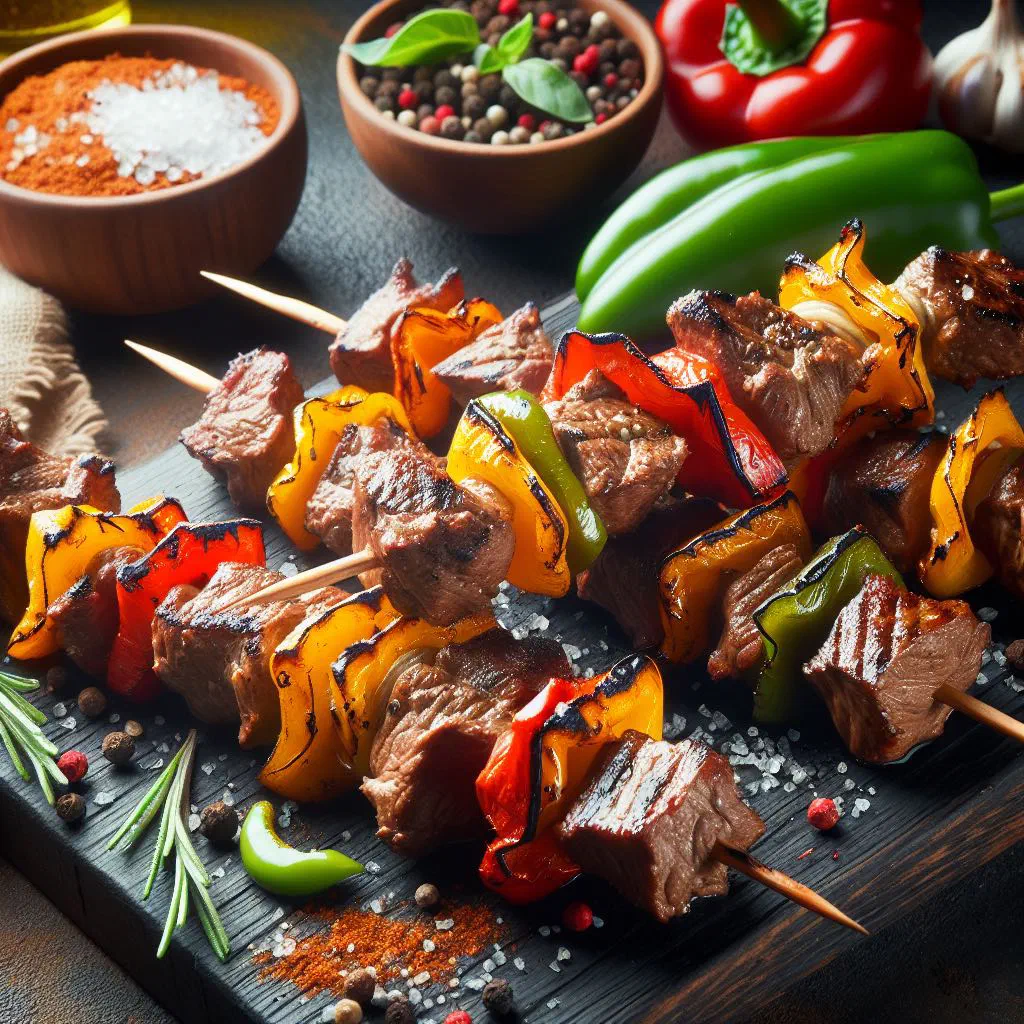Grilled lamb skewers with red and yellow peppers on a wooden board