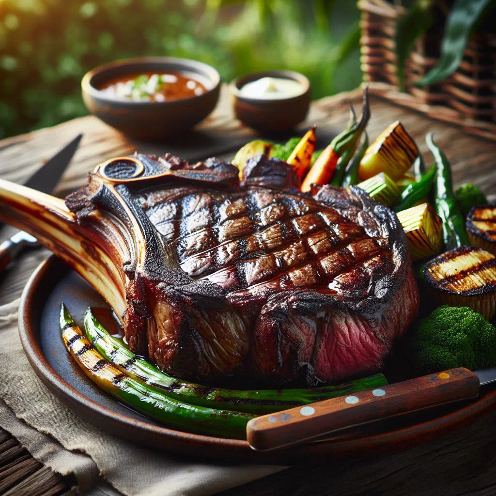 Grilled oryx steak on a wooden board, garnished with fresh rosemary