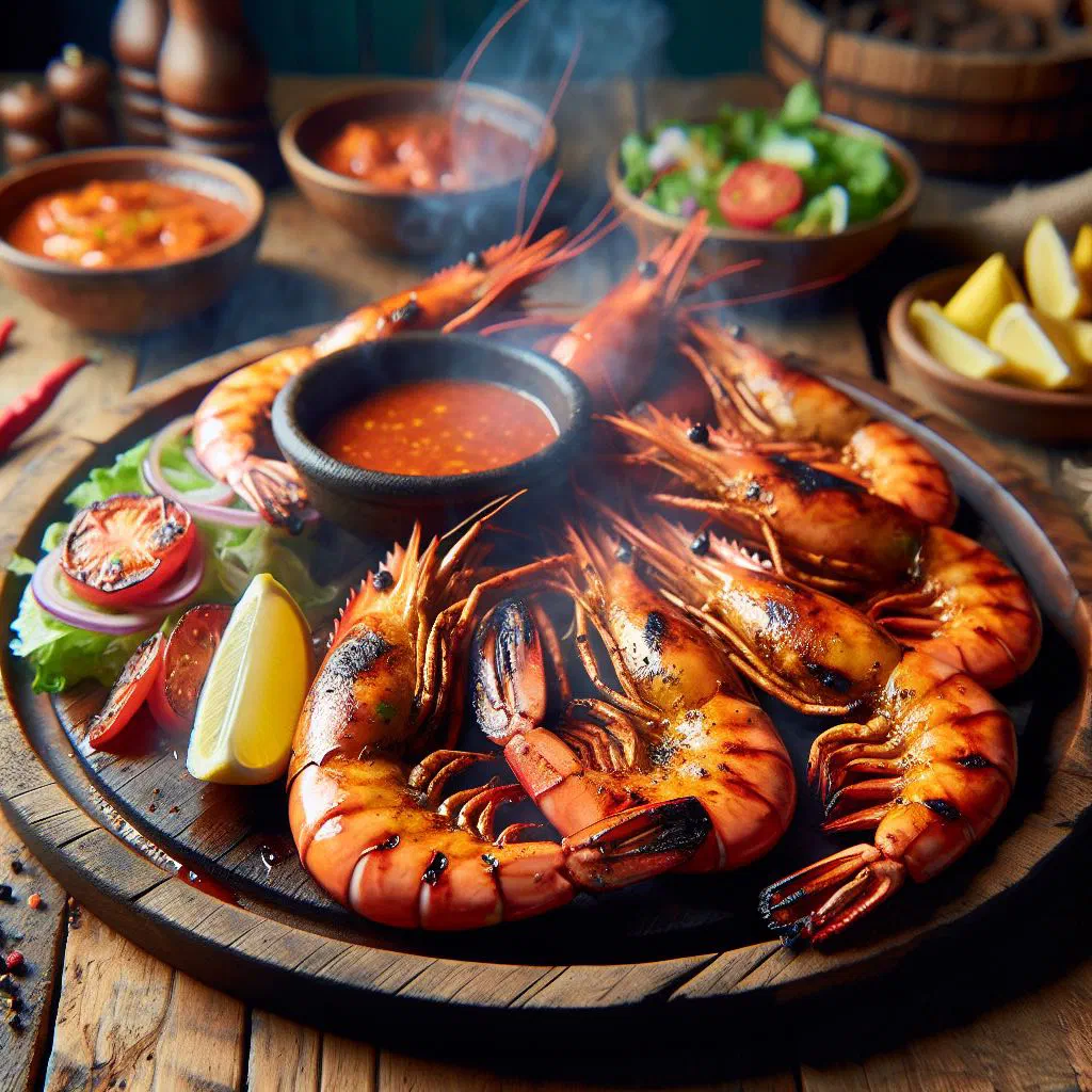 Grilled peri-peri prawns on a board with lemon wedges and coriander
