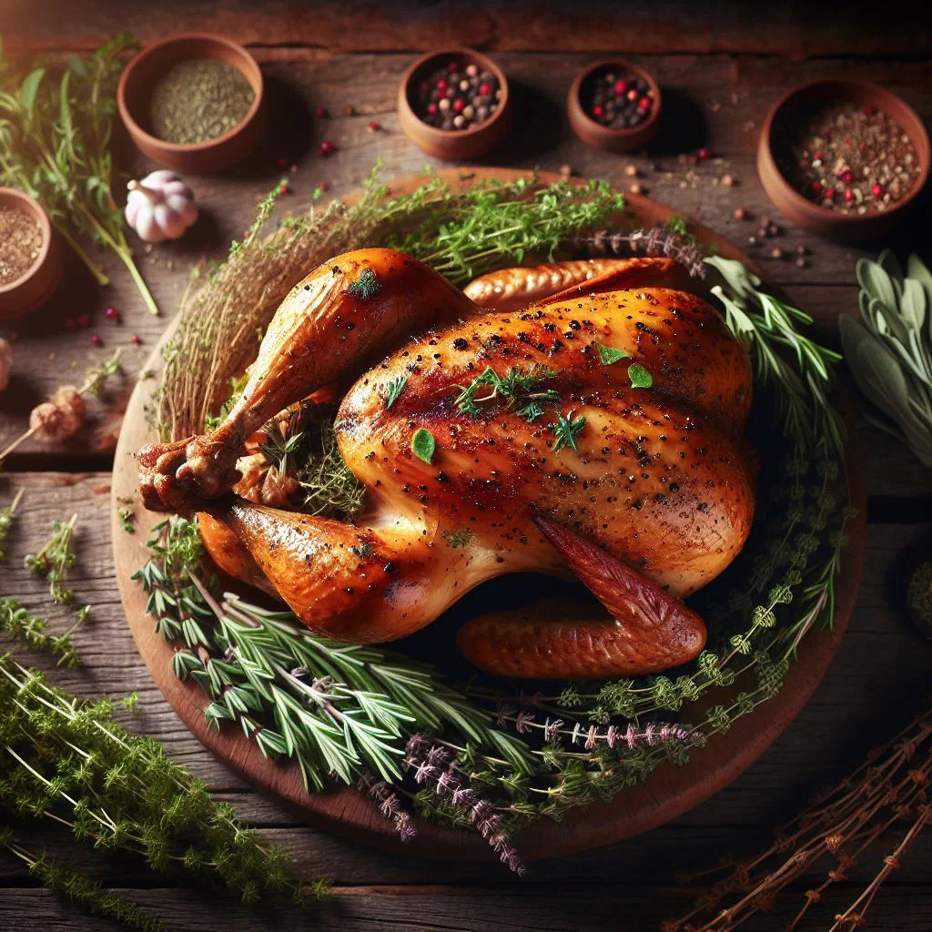 Braised guinea fowl pieces with fresh wild herbs in a pan