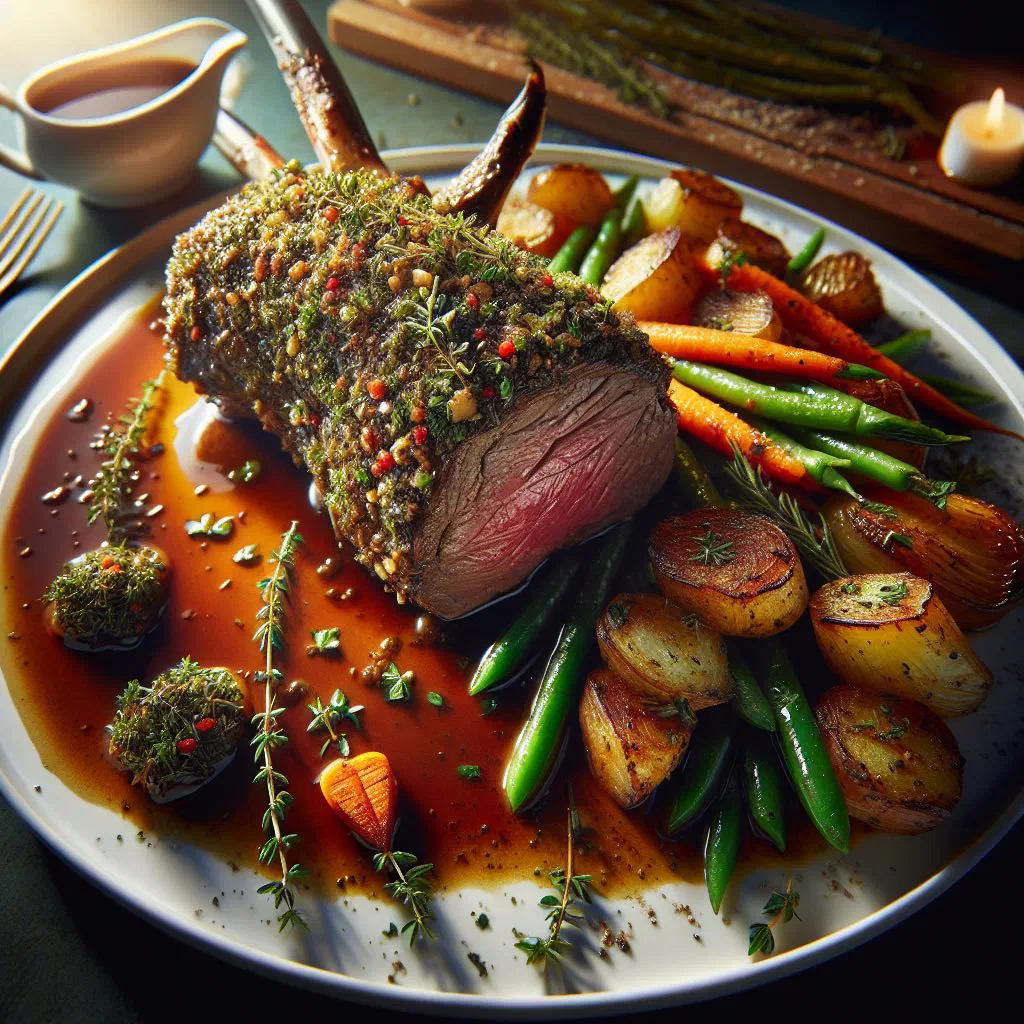 Sliced herb-crusted springbok fillet with seasonal vegetables and red wine sauce