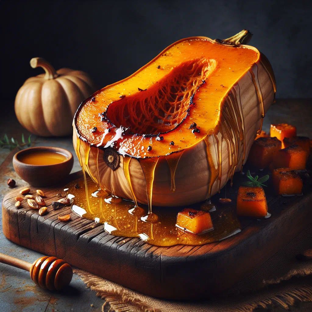 Golden honey roasted butternut squash pieces garnished with fresh thyme