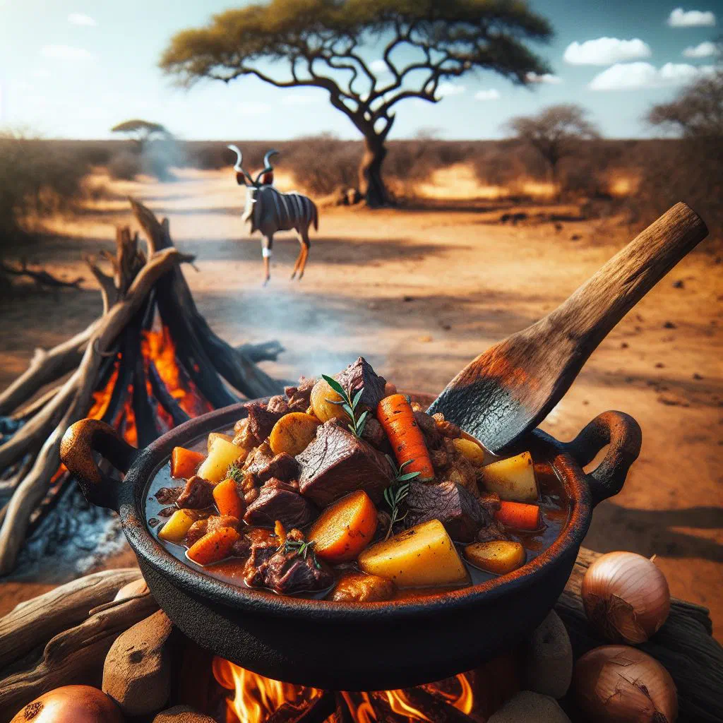 Rustic bowl of kudu stew with carrots, potatoes and fresh herbs