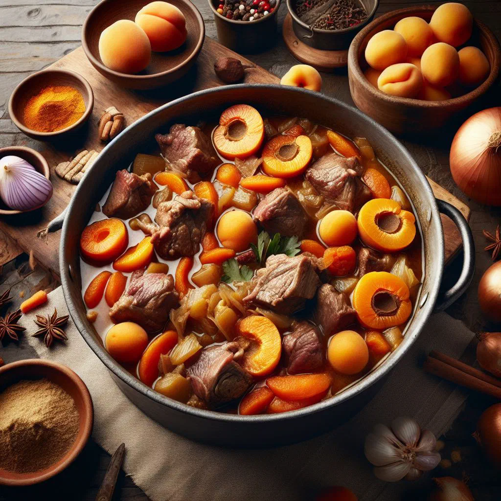 Rich lamb and apricot stew in a bowl, garnished with fresh parsley