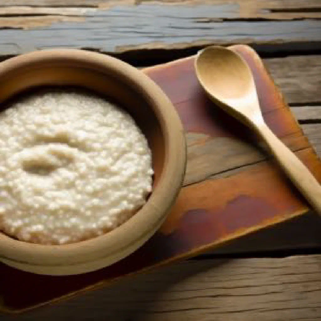 Bowl of creamy mahangu porridge topped with milk and fresh fruit